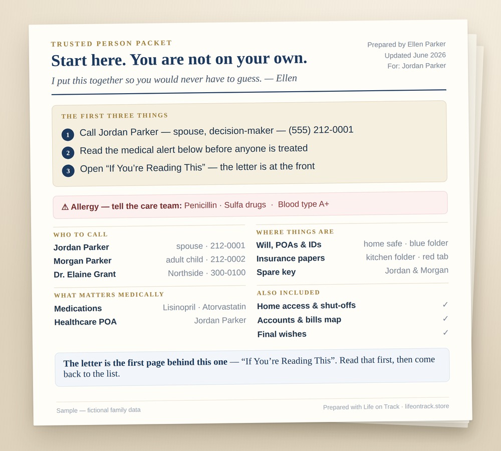 A printed Trusted Person Packet headed Start here, you are not on your own